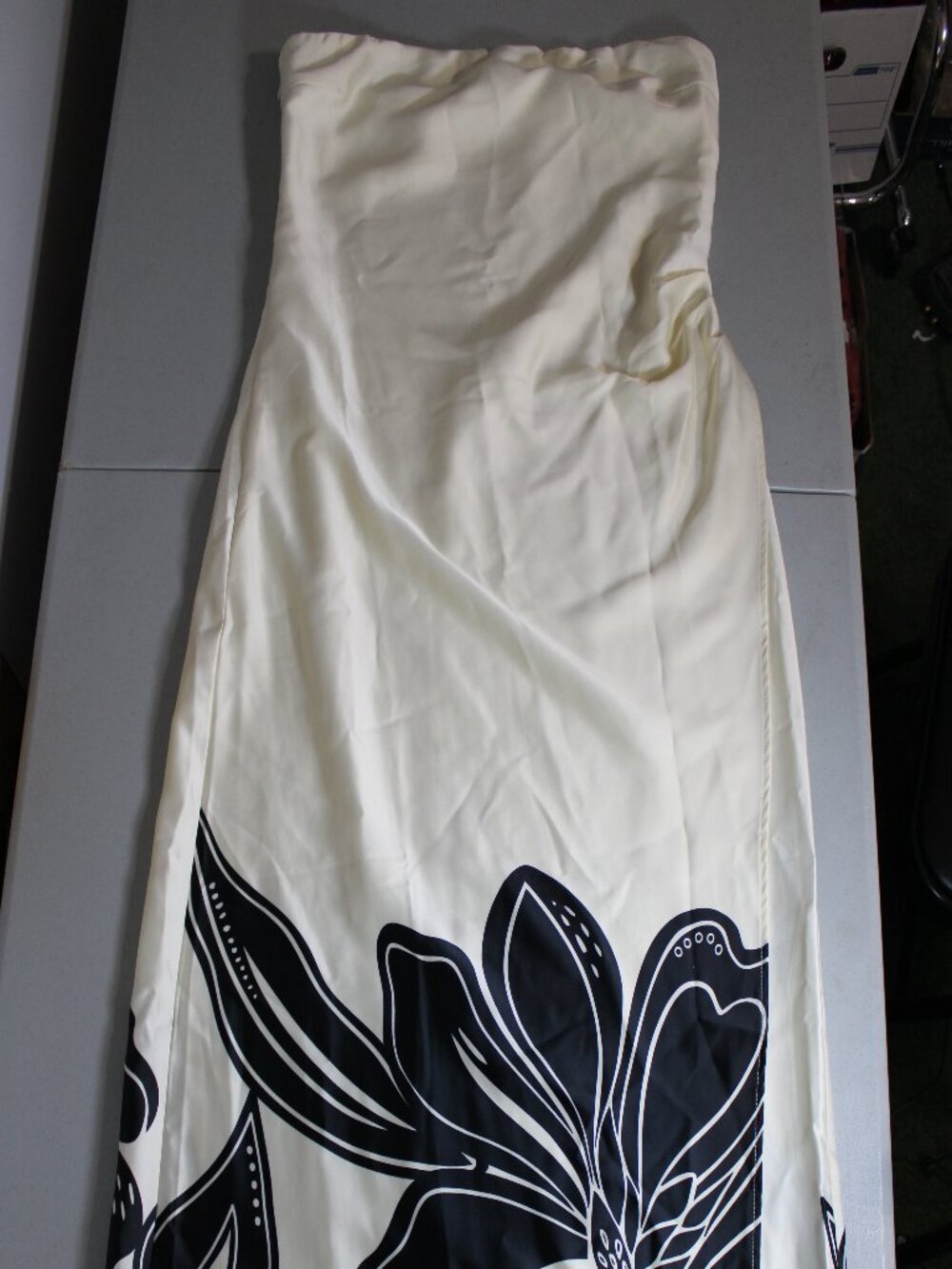 House of Harlow 1960's Cream and Black Floral Hem Strapless Maxi Dress